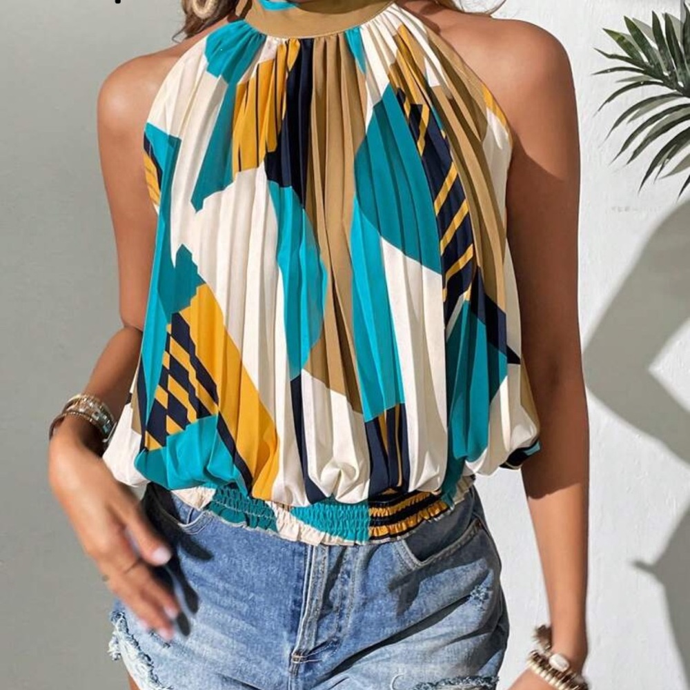 SHEIN Teal, Mustard & White Pleated Halter Top